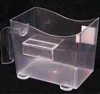 A clear plastic container with a handle and a small shelf attached to the side, set against a black background. Produktbild-Vorschau
