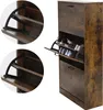 A brown wooden shoe cabinet with three flip-out drawers, showcasing shoes inside one of the open drawers. The image also includes close-up insets of the cabinet's interior shelves and flip mechanisms. Náhľad obrázku produktu