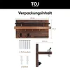 A product image showing a wooden key holder with dimensions and included hardware, along with a side view of the product. Produktbild-Vorschau