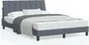 A dark gray bed frame with a headboard and a mattress, pillows, and a blanket on a white background. Produktbild-Vorschau