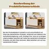 Two side-by-side images of a white and wood sideboard with LED lighting, with text below explaining color differences. Produktbild-Vorschau