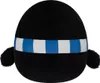 A black plush toy with a blue and white striped band around its middle and two small black pom-poms on the sides. Podgląd zdjęcia produktu