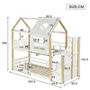 A diagram showing the dimensions of a bunk bed with a house-like structure and stairs. Podgląd zdjęcia produktu