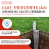 A metal post anchor driven into the ground next to a grassy area, with marketing text overlays. Anteprima dell’immagine prodotto