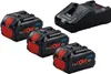A set of three Bosch ProCORE 18V lithium-ion batteries and a charger are displayed against a white background. Produktbild-Vorschau