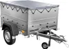 A silver utility trailer with a gray cover is shown from a slightly elevated front-left angle against a white background. Produktbild-Vorschau