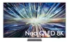 A Samsung Neo QLED 8K TV is displayed on a stand against a white background. The screen shows a vibrant, abstract image. Produktbild-Vorschau