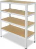 A white metal shelving unit with four wooden shelves, shown from a slightly angled front view. Voir les images du produit