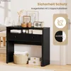 A black desk with drawers and shelves, decorated with various items, is shown in a room setting. The image also includes marketing text and safety icons. Náhled obrázku produktu