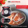 A marketing image for a pizza oven, showing its dimensions and features, with a pizza being cooked inside. Produktbild-Vorschau