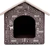 A dog house with a text print of dog and cat related words.