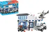 A collage of a Playmobil police station playset, showing the box and the assembled toy with vehicles and figures. Produktbild-Vorschau