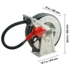 A hose reel with a dispensing nozzle attached, with dimensions indicated by text overlays. Voir les images du produit