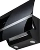 A close-up, angled view of a black kitchen range hood with a silver accent strip. Produktbild-Vorschau