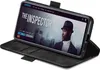 A black flip cover phone case is shown open, displaying a smartphone screen with a movie poster for 'The Inspector'. Produktbild-Vorschau