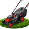 A black and red electric lawnmower is shown on a patch of artificial grass against a white background. Náhled obrázku produktu