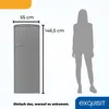 A diagram showing the dimensions of a refrigerator next to a silhouette of a person, with a brand logo and slogan at the bottom. Produktbild-Vorschau