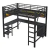 A black metal loft bed with a desk and shelves underneath, shown against a white background. Anteprima dell’immagine prodotto