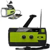 A collage showing a solar-powered emergency radio with a flashlight and charging capabilities. Produktbild-Vorschau