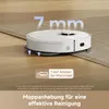 A white robot vacuum cleaner is shown on a wooden floor next to a rug, with text overlays highlighting its features. Produktbild-Vorschau