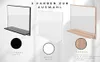 Three variations of a mirror with a shelf, each displayed with its corresponding color swatch and label. Produktbild-Vorschau