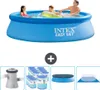 A collage showing an inflatable pool with people in it, a pump, filter cartridges, a pool cover, and a ground cloth. Produktbild-Vorschau