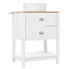 A white bathroom vanity with a wooden top and a white ceramic sink on top. Produktbild-Vorschau