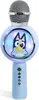 A light blue portable speaker with a microphone attachment and a cartoon character on the front. Produktbild-Vorschau