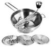 A stainless steel food mill with three interchangeable discs is displayed against a white background. Podgląd zdjęcia produktu