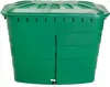 A green plastic water butt with a lid and a tap at the bottom. Voir les images du produit