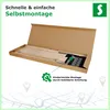 A cardboard box containing a disassembled bed frame, with text overlays and icons indicating easy assembly. Produktbild-Vorschau