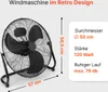 A black floor fan with dimensions and specifications displayed next to it. Náhľad obrázku produktu