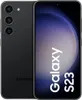 A black Samsung Galaxy S23 smartphone is shown from the back and front, with the screen displaying marketing text. Podgląd zdjęcia produktu