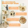 A cat tree with multiple levels and features, illustrated with text descriptions of each feature. Náhled obrázku produktu