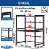 A diagram showing a black metal kitchen shelf unit with dimensions and features highlighted. Podgląd zdjęcia produktu