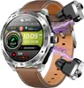 A smartwatch with attached earbuds, presented against a white background with simulated electrical connections between them.