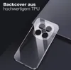 A clear phone case is shown on a dark, reflective surface. Produktbild-Vorschau