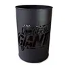 A black metal trash can with a cut-out logo on the side. Produktbild-Vorschau