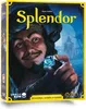 The image shows the front of a board game box for 'Splendor'. A man in historical attire is depicted holding a large blue gem. The background shows a stylized city scene. Produktbild-Vorschau