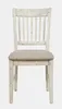 A front view of a distressed white wooden dining chair with a tan fabric seat. Produktbild-Vorschau