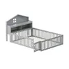 A grey wooden children's bed with a house-shaped headboard and safety rails. Voir les images du produit