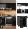 A collage of images showing a modern black high-gloss kitchen unit, including cabinets, a stove, and a drawer unit. Produktbild-Vorschau