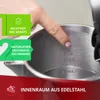 A hand is shown pointing to the inside of a kettle, with promotional overlays on the left and bottom of the image. Produktbild-Vorschau