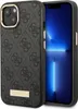 A close-up view of a black iPhone 14 Plus case with a repeating Guess logo pattern and a gold Guess logo plate. The phone screen is visible on the right. Náhled obrázku produktu