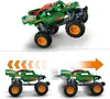 A LEGO Technic Monster Jam Dragon monster truck is shown in two different views. The top view shows the truck in action, while the bottom view illustrates its movement with motion blur and directional arrows. Produktbild-Vorschau