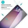 A close-up view of a screen protector being applied to a smartphone, with arrows indicating the fit. Produktbild-Vorschau