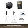 A collage of a robot vacuum cleaner and its accessories, with labels in German. Produktbild-Vorschau