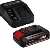 A black battery charger and a black battery pack are shown against a white background. Produktbild-Vorschau