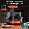 A close-up marketing image of a glass air fryer with food inside, set on a kitchen counter with a pizza and salad nearby. Produktbild-Vorschau