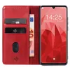 A red flip phone case with card slots and a phone displaying the time and date. Produktbild-Vorschau